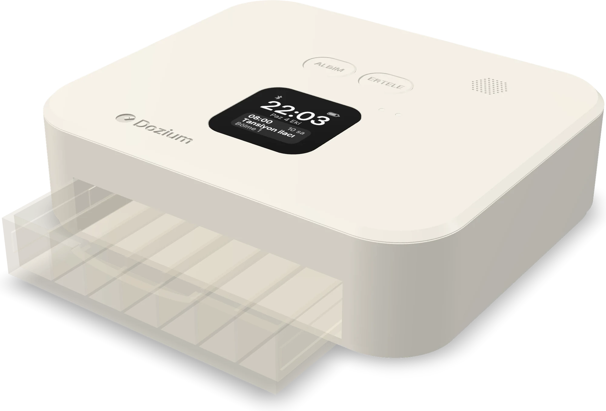 Dozium smart pill box in bone white, with its clear drawer open